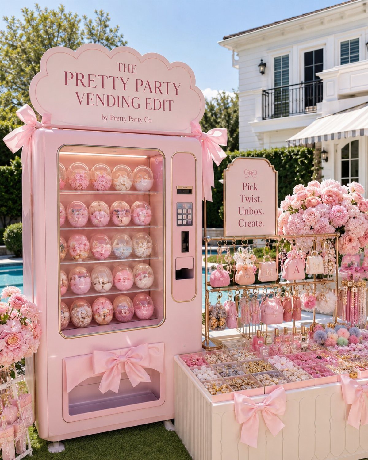 A pink vending machine and accessory display stand outdoors near a swimming pool.