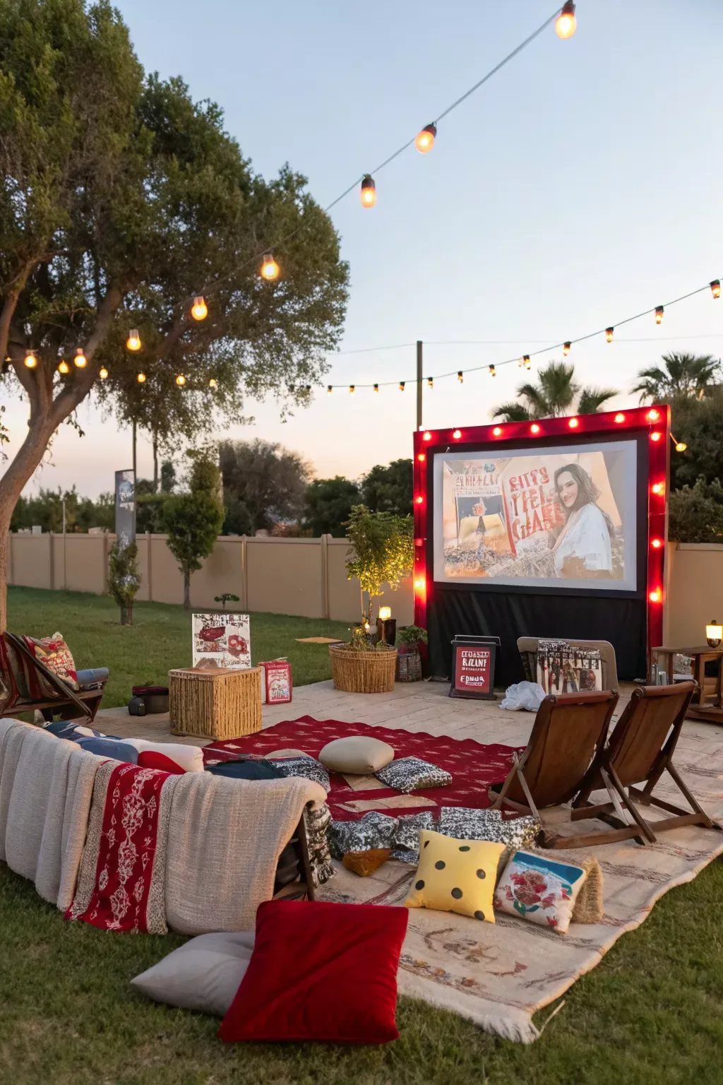 Outdoor movie night setup with a projector screen, string lights, and cozy pillows on a lawn.