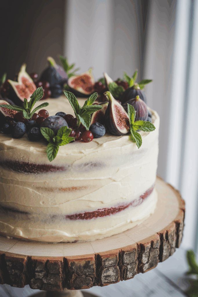 Rustic naked cake topped with fresh fruit and mint leaves.