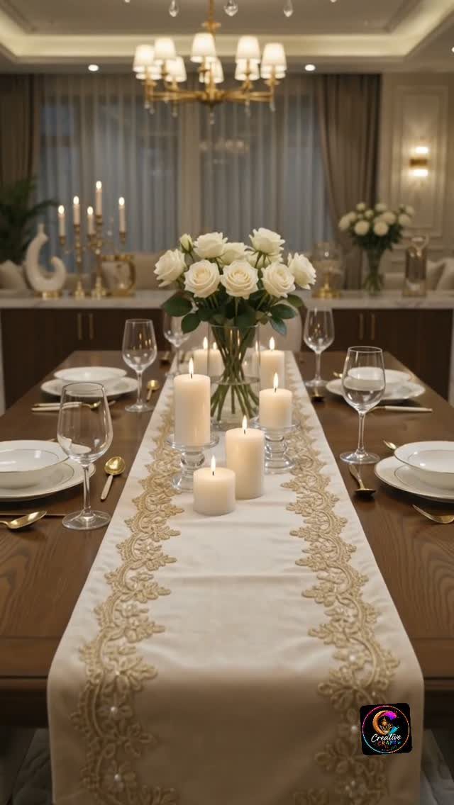 A formal dining table set with a lace runner, white roses, and lit pillar candles.