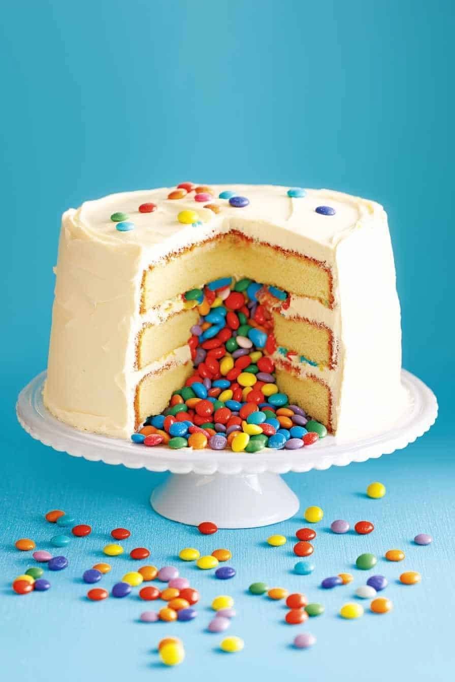 Layered cake with colorful candies spilling from the center.