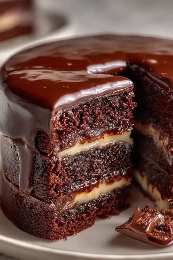 Decadent chocolate truffle cake with glossy glaze and creamy filling.