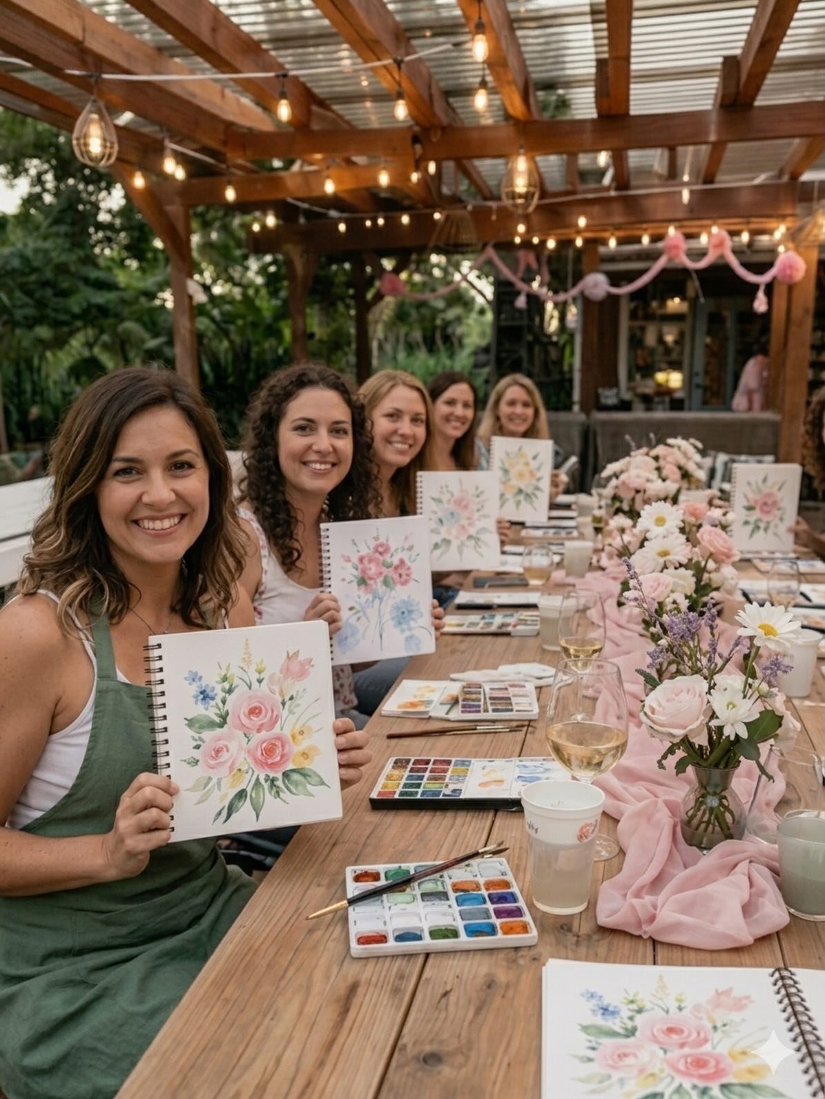 Five women at a table holding floral paintings, surrounded by flowers and wine.