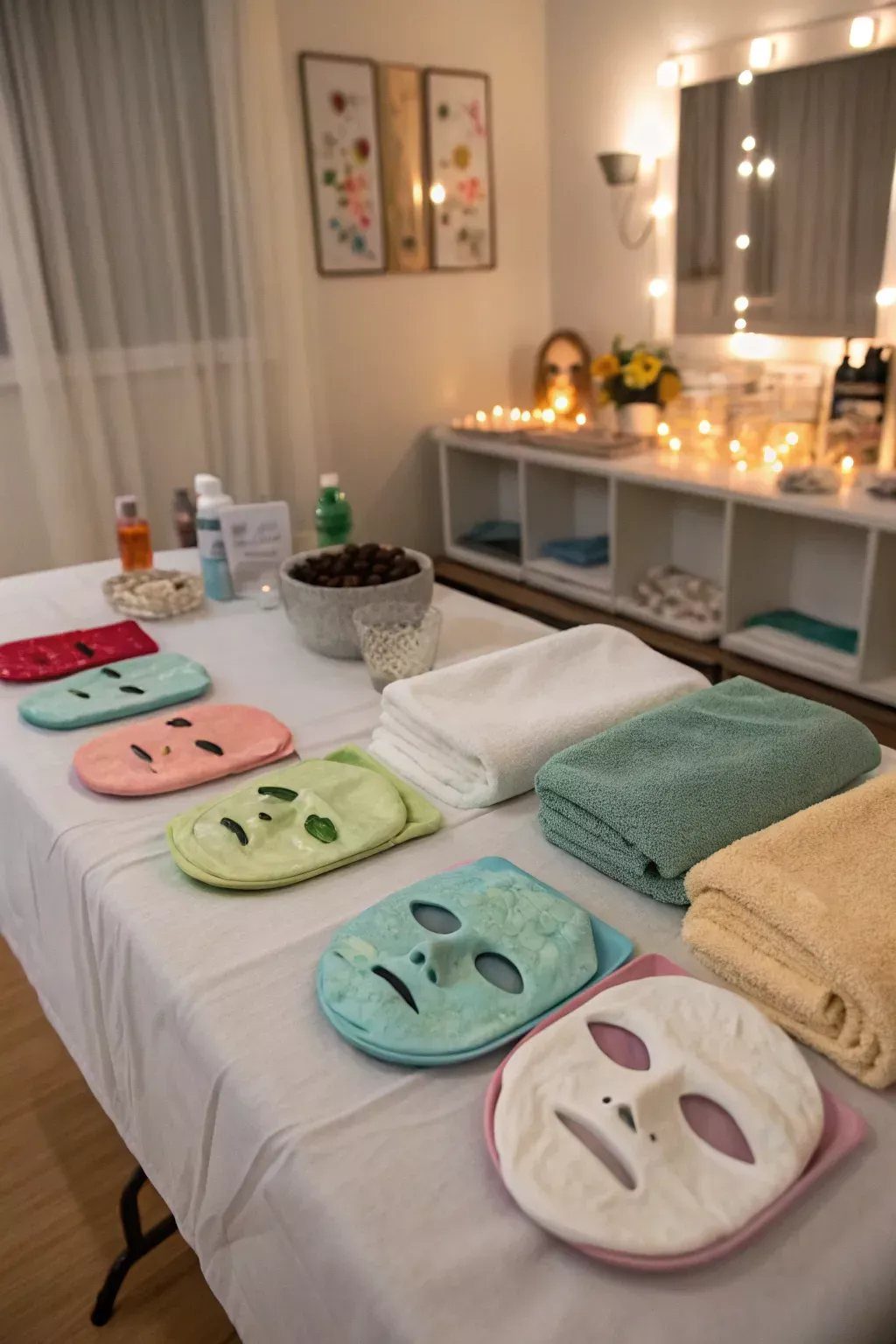 Spa setup with facial masks, towels, and skincare products on a table.