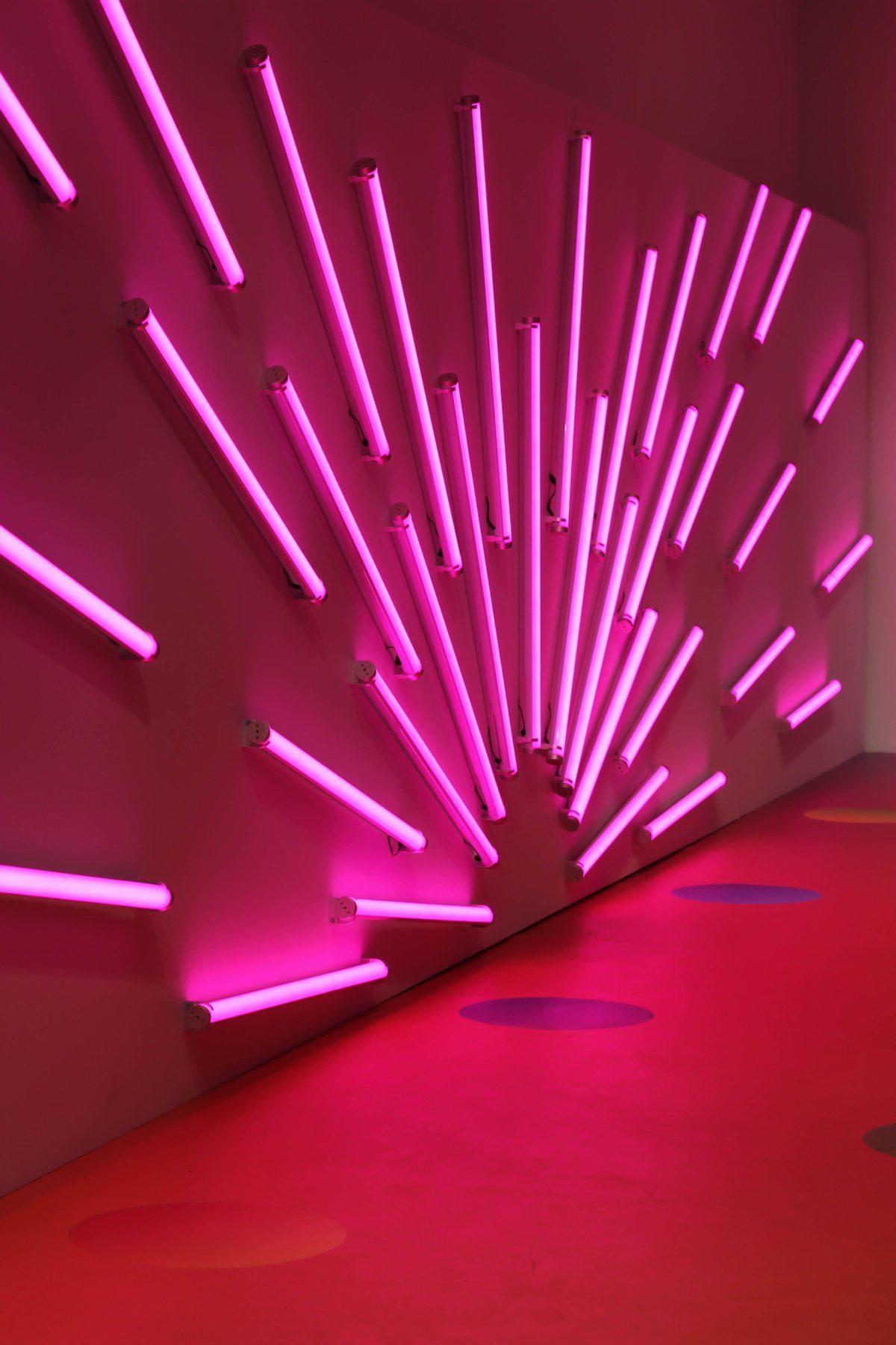 Pink neon light tubes arranged in a radiating sunburst pattern on a pink wall.