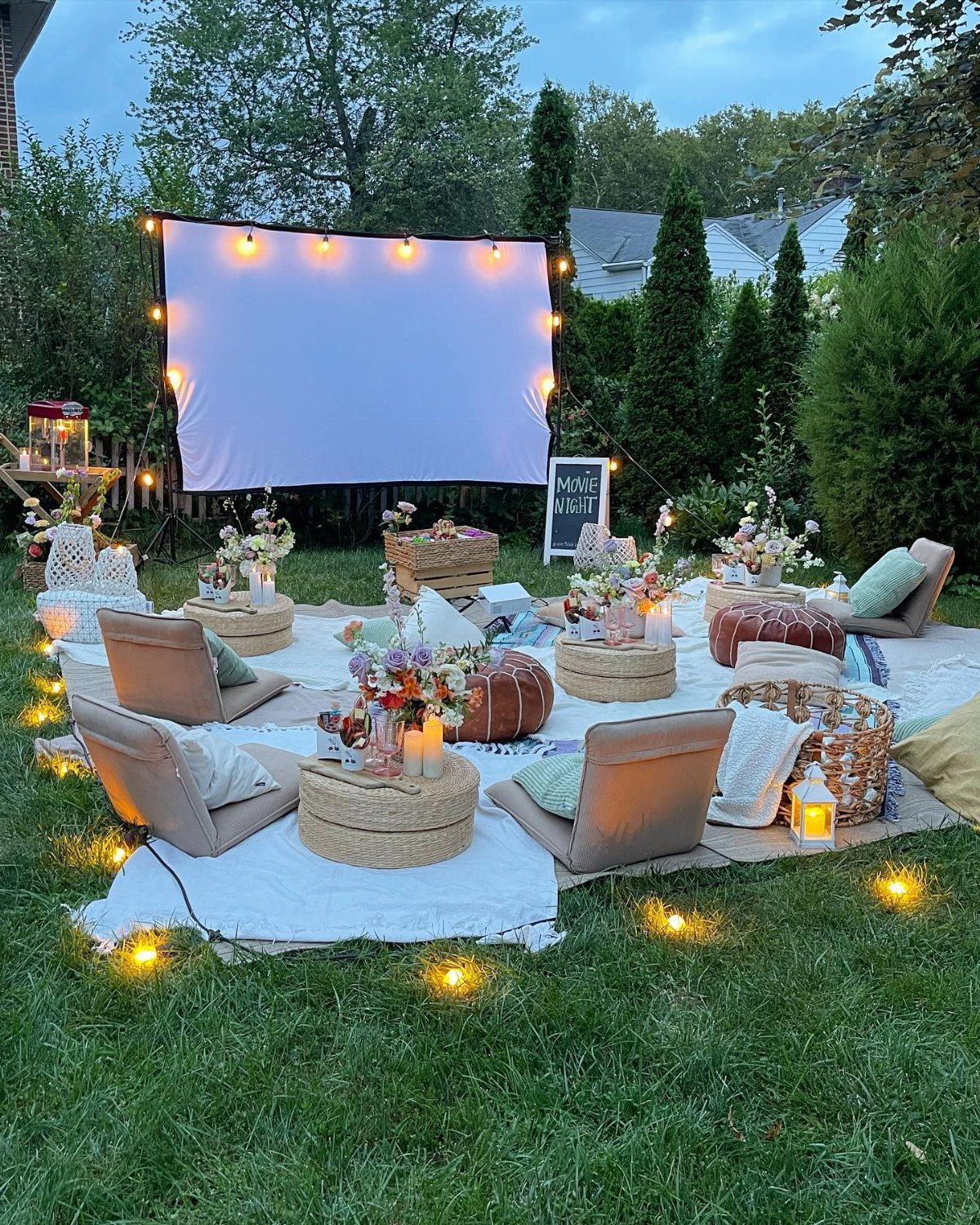 A cozy backyard movie night setup with a projector screen, string lights, and floor cushions on the grass.