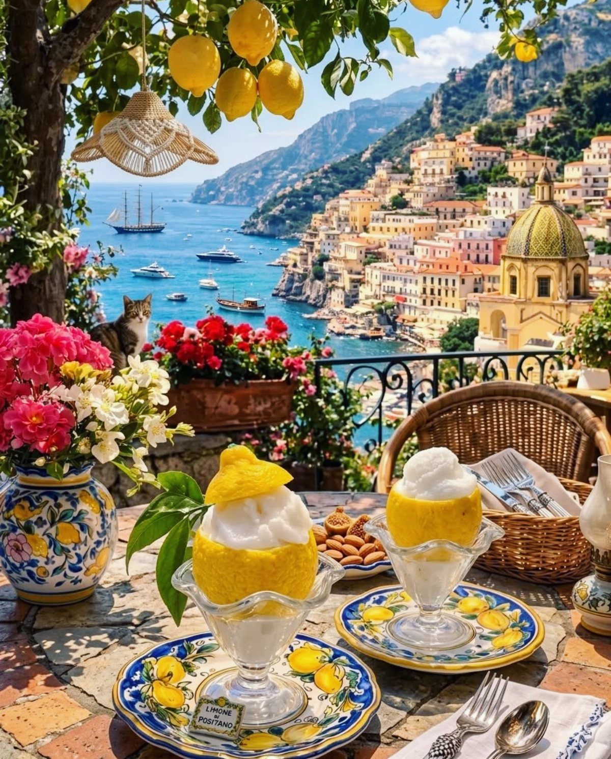 Lemon sorbet served in lemon shells on a table overlooking the colorful cliffside village of Positano.