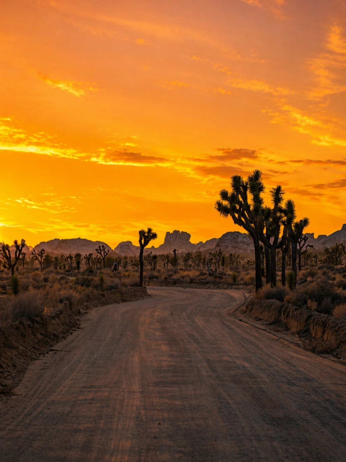 A winding dirt road leads through a desert landscape featuring silhouetted Joshua trees under a bright orange sunset sky.