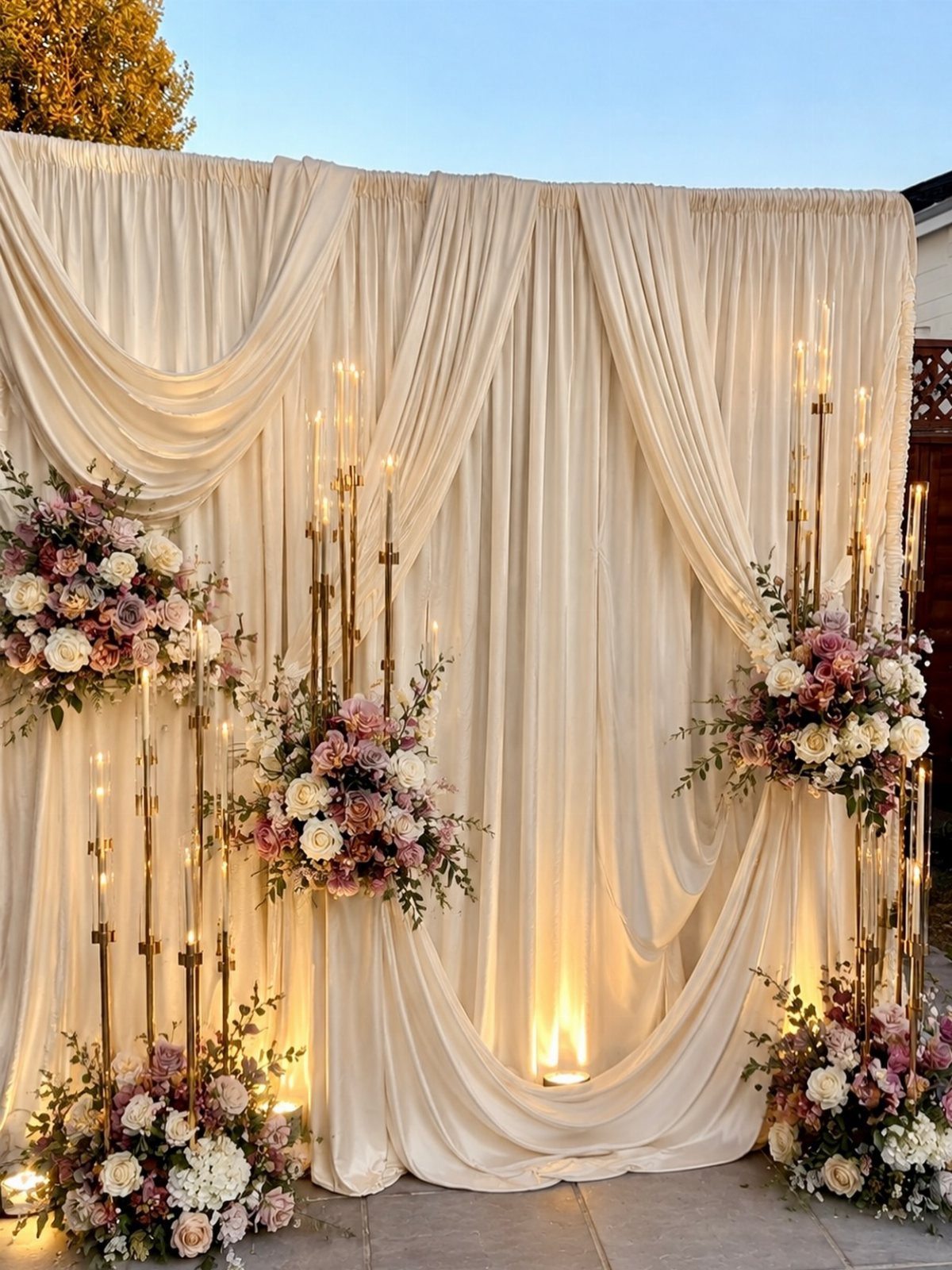 Cream draped fabric backdrop decorated with floral arrangements and tall gold candle holders.