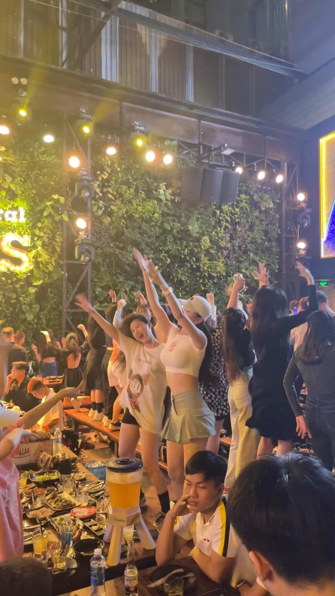 Young people dancing with raised arms in a club with a green foliage wall background.
