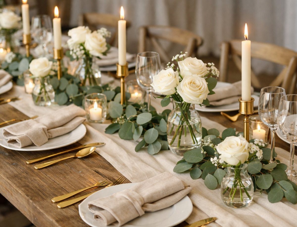 Elegant table setting with white roses, eucalyptus leaves, gold cutlery, and lit taper candles.