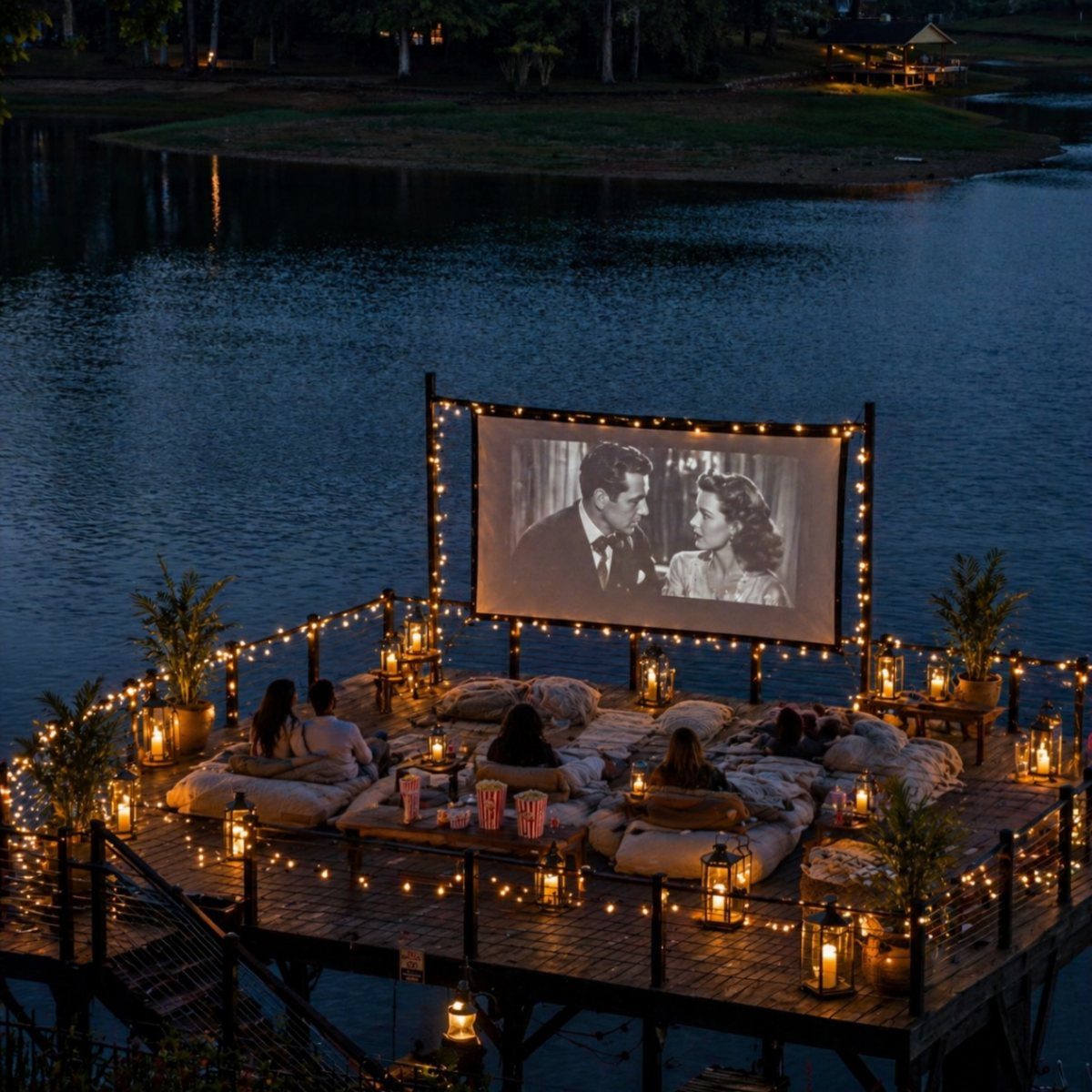 People sitting on cushions on a lakeside deck watching a movie on a large outdoor screen.
