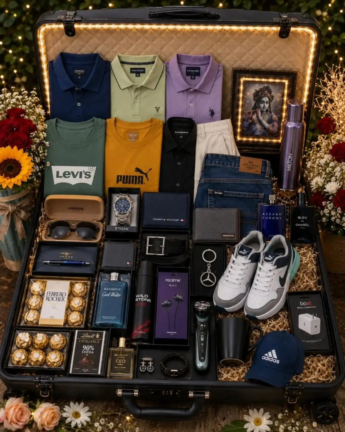 An open suitcase filled with various men's gifts like clothing, accessories, and chocolates.