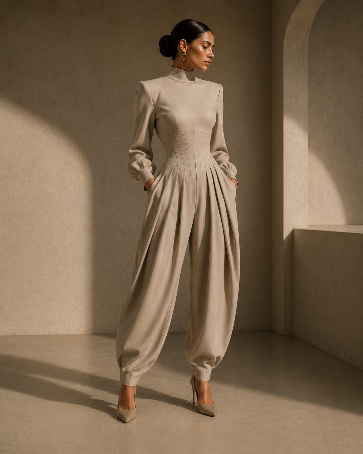 A woman wearing a chic, beige, long-sleeved jumpsuit with voluminous trousers and high heels.