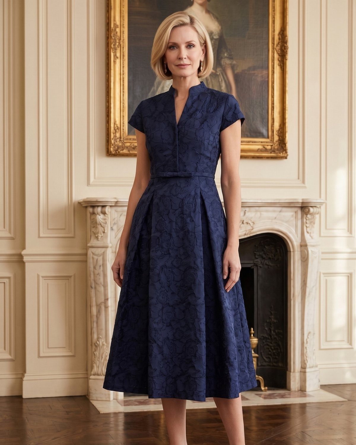 A woman posing in a navy blue textured midi dress in an elegant room.