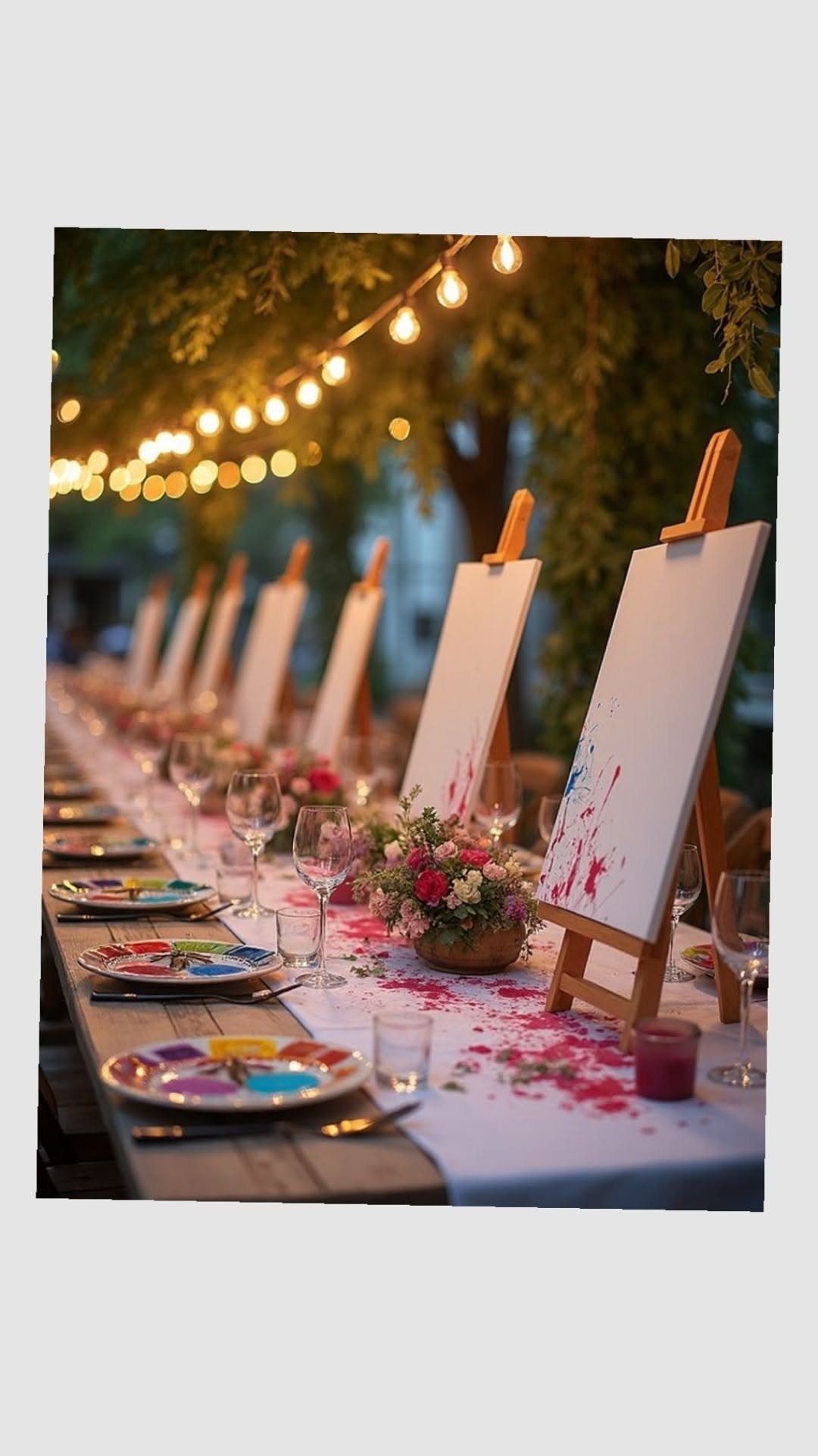 A long outdoor dining table set with canvases on easels, colorful plates, and wine glasses under glowing string lights.