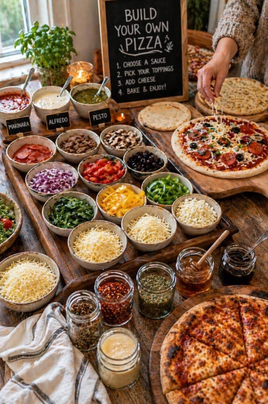 A variety of pizza toppings in bowls arranged on a wooden table next to a chalkboard sign.