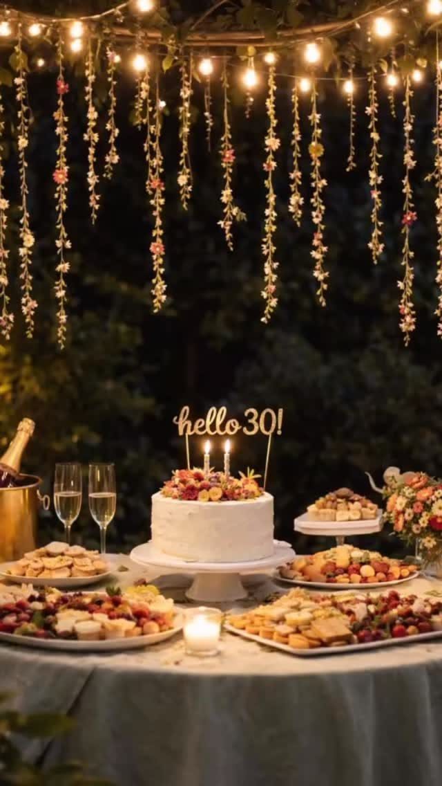 A decorated 30th birthday cake surrounded by various sweet pastries and desserts on a table.