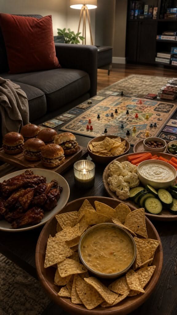 Various party snacks like wings, sliders, and chips surround a board game on a living room floor.