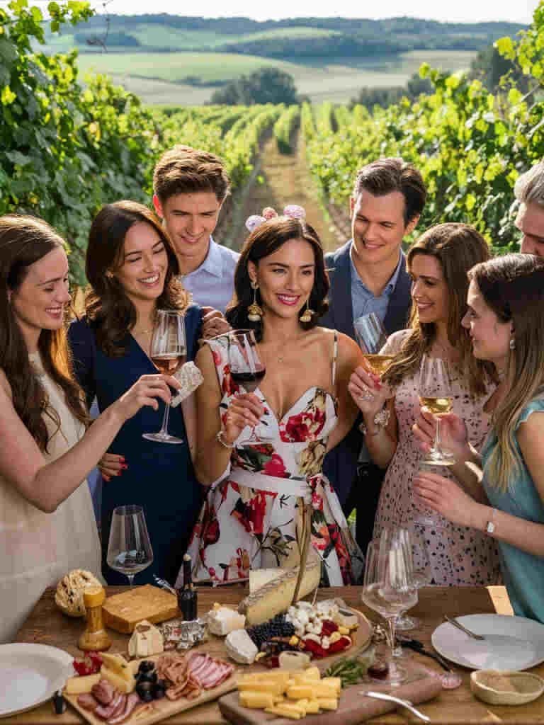 A group of friends smiling and holding wine glasses around a table filled with cheese and charcuterie in a vineyard.