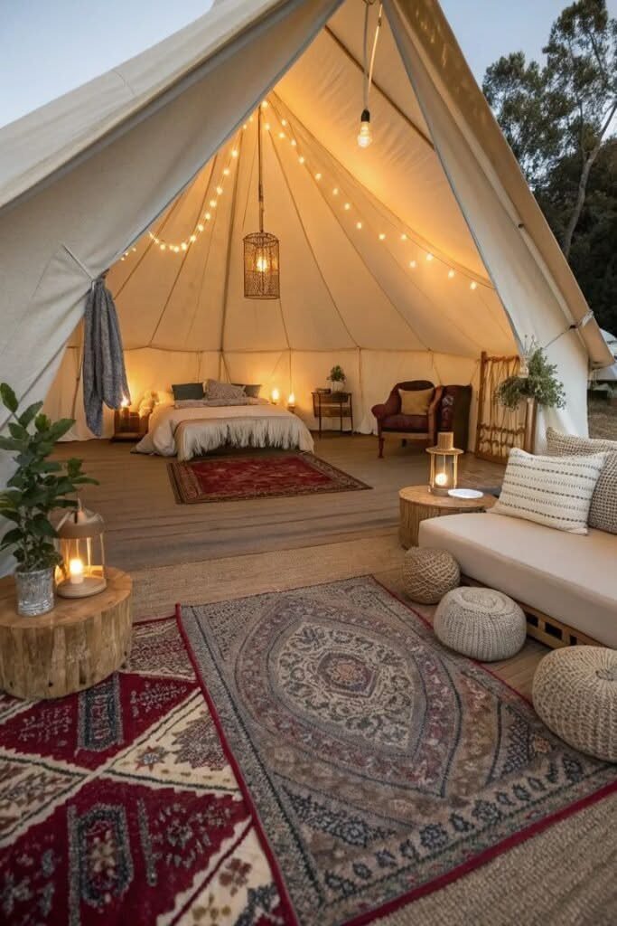 A luxury bell tent setup featuring cozy bedding, patterned rugs, and warm ambient lighting.