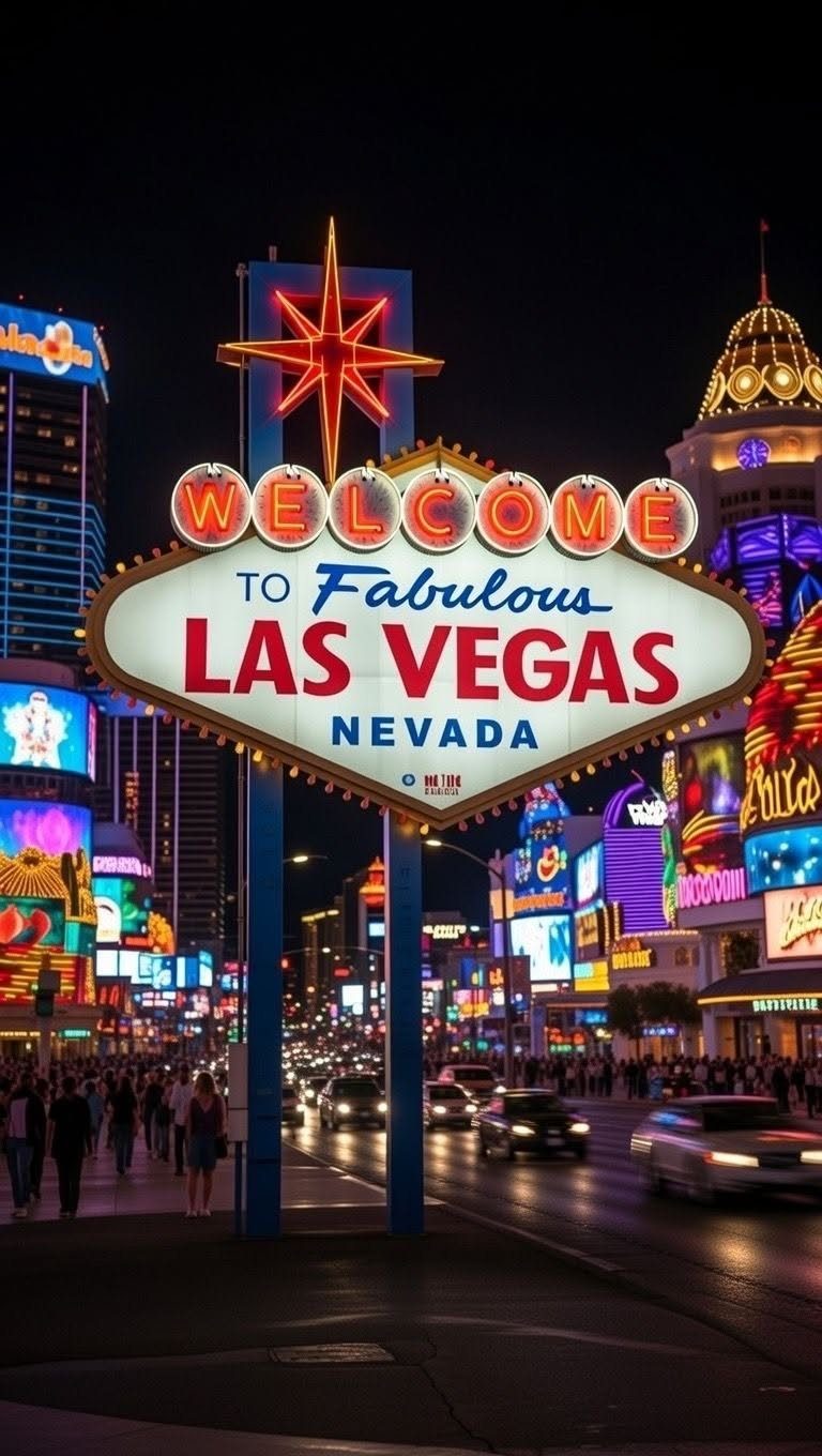 The iconic Welcome to Fabulous Las Vegas sign illuminated against a night cityscape with neon lights.
