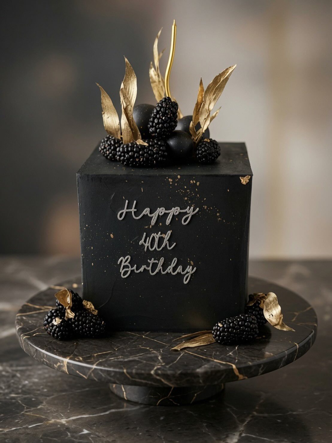 Black square birthday cake decorated with blackberries, dark grapes, and gold leaf on a marble stand.