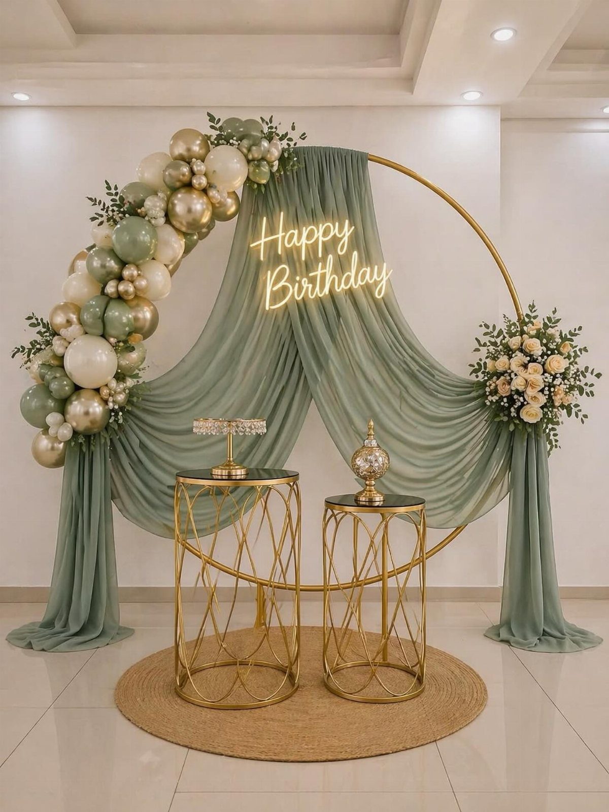 Sage green and gold balloon arch with a neon Happy Birthday sign and draped fabric.