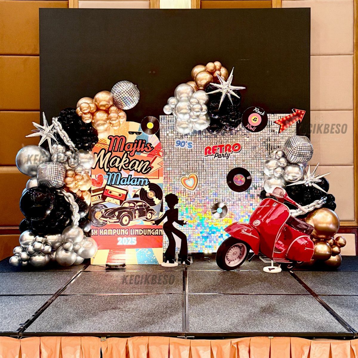 Retro party backdrop with disco balls, balloons, vinyl records, and a red scooter model.