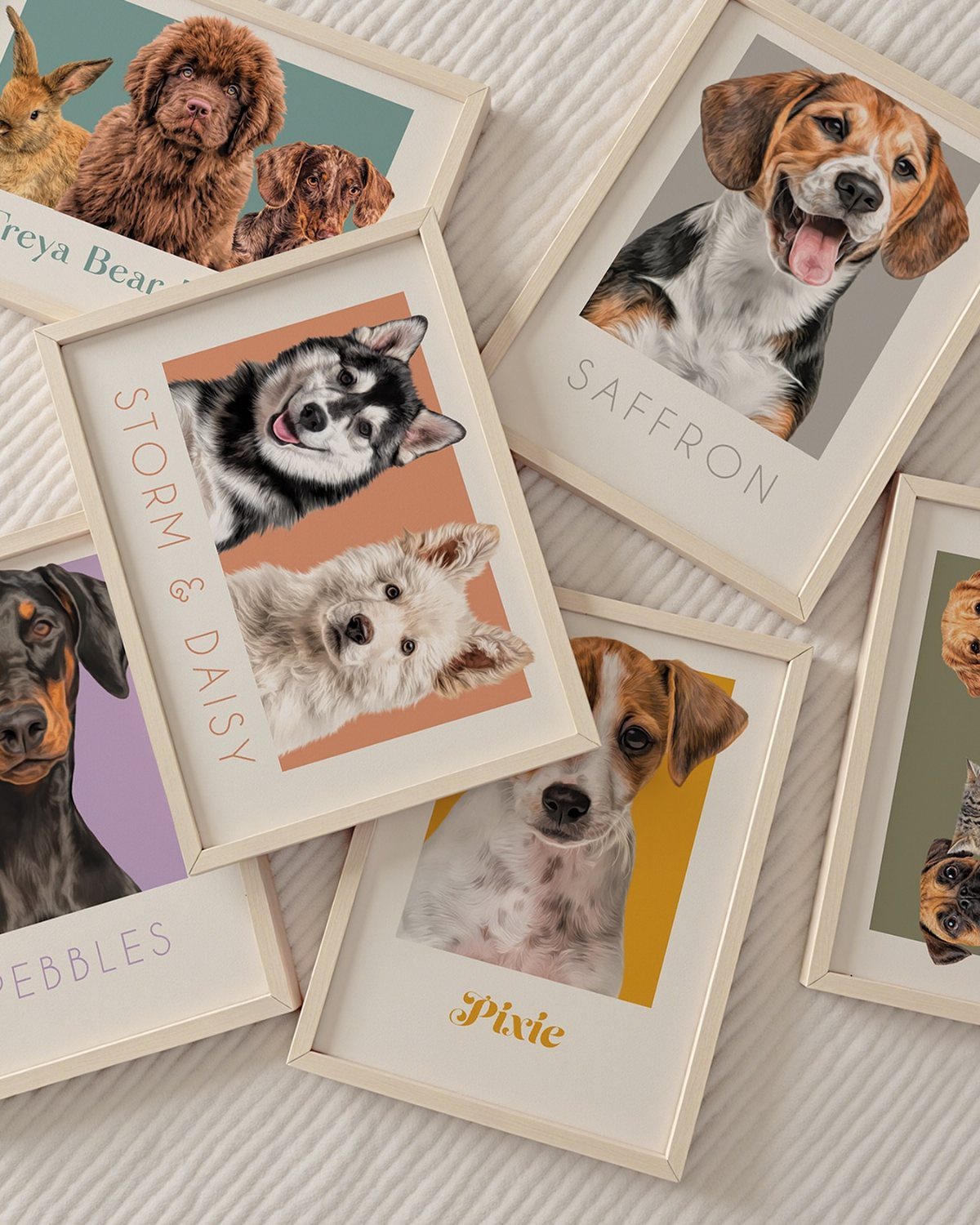 Multiple framed minimalist pet portraits with names printed on colorful backgrounds scattered on white fabric.