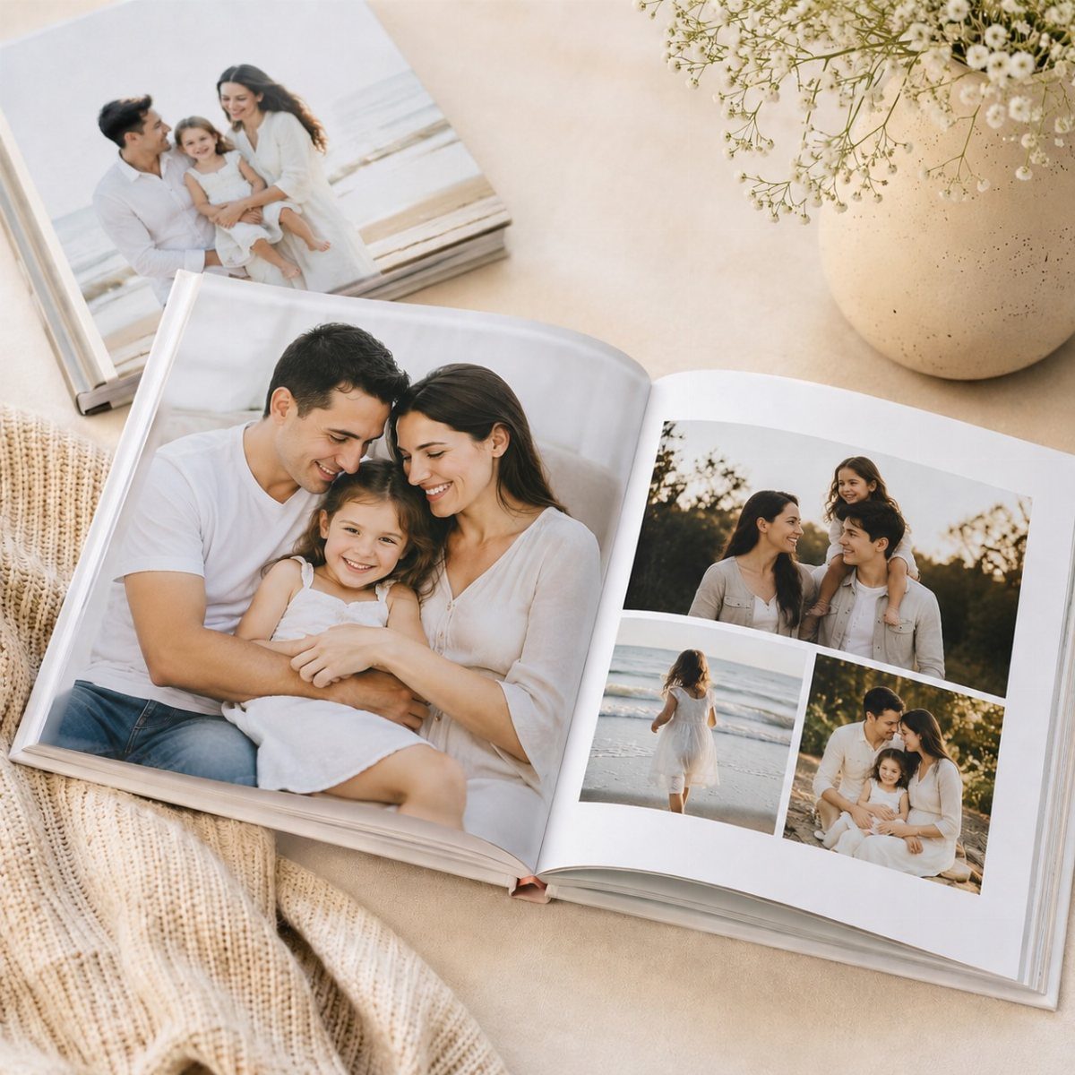 An open personalized photo book displaying family memories on a neutral surface with flowers.