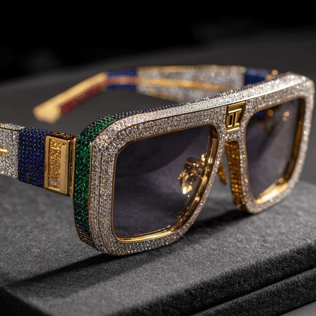 Luxury rectangular sunglasses encrusted with white, green, and blue crystals on a dark surface.