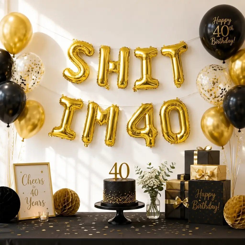 Gold balloons spelling 'SHIT IM 40' above a black birthday cake and festive decorations.
