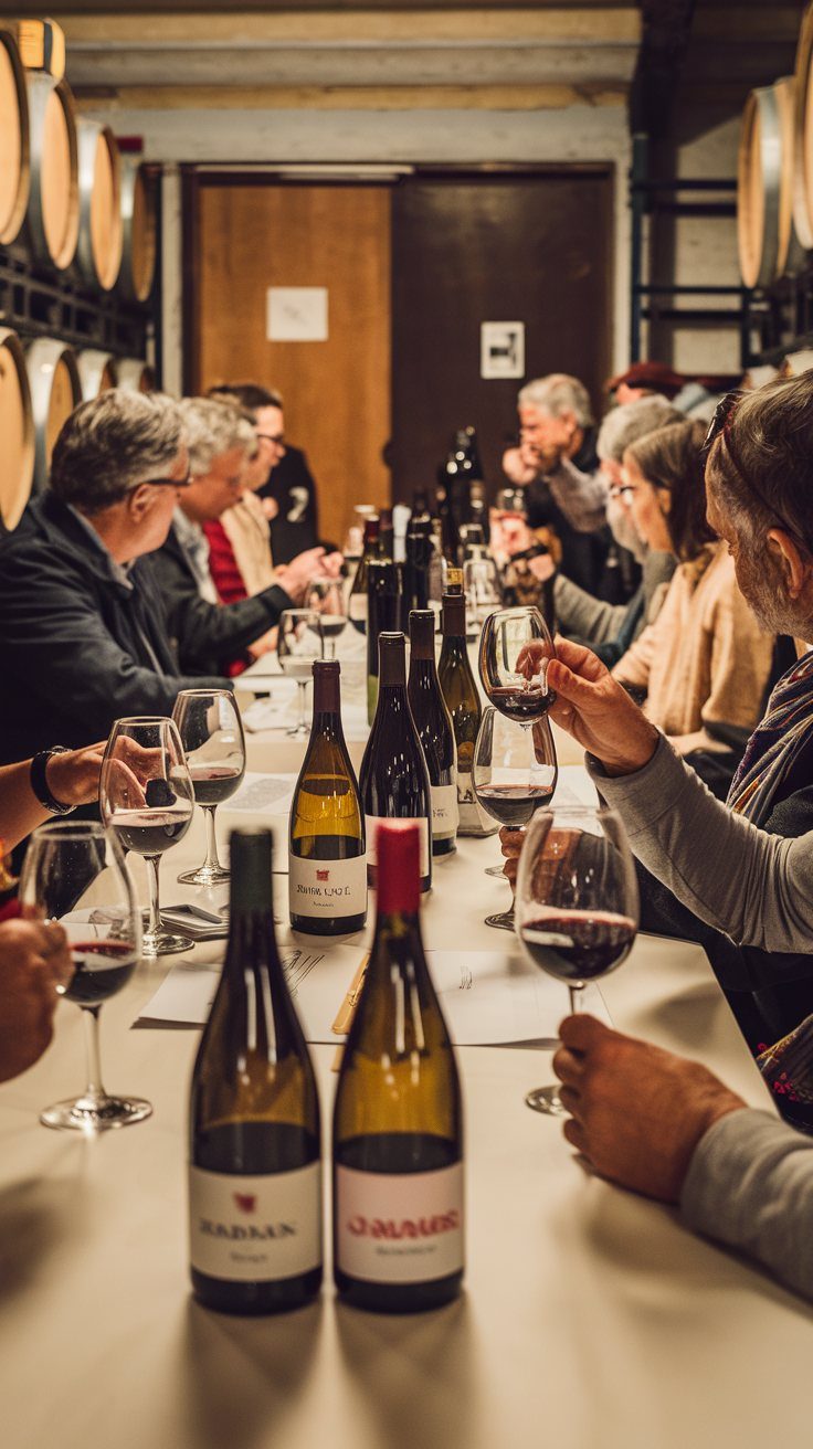 People sitting at a long table tasting wine in a cellar with wooden barrels.