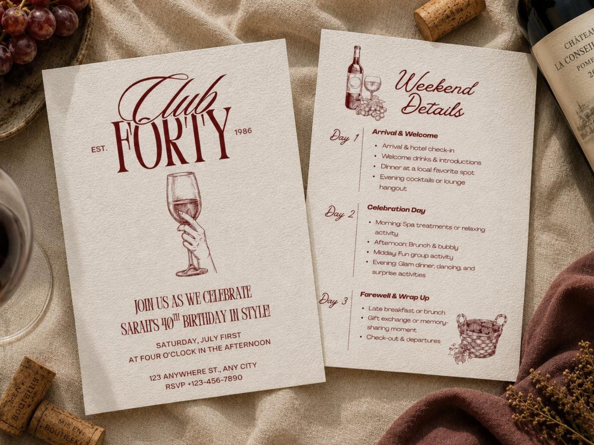 Two cream-colored birthday invitation cards resting on a textured beige fabric with wine corks.