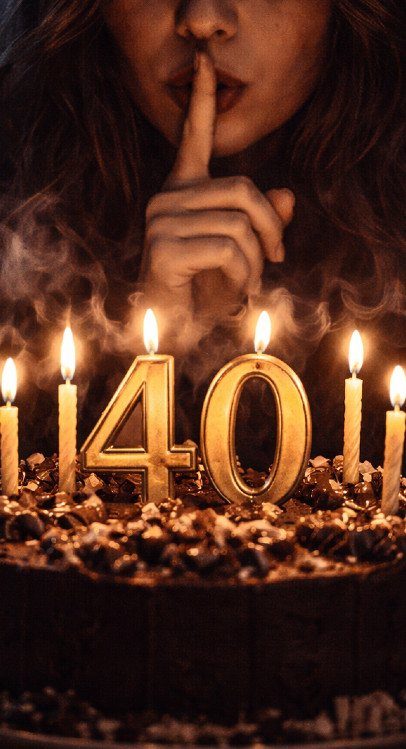 Chocolate cake with gold number 40 candles and a person making a shushing gesture.