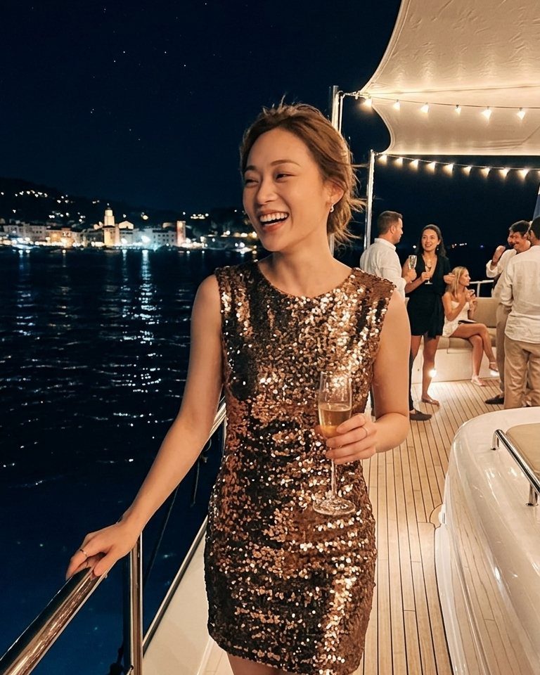 Smiling woman wearing a gold sequin dress holding champagne on a boat at night.