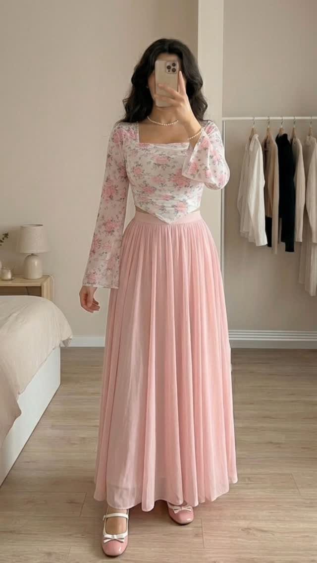 Woman in a pink tiered maxi skirt and floral blouse taking a mirror selfie.