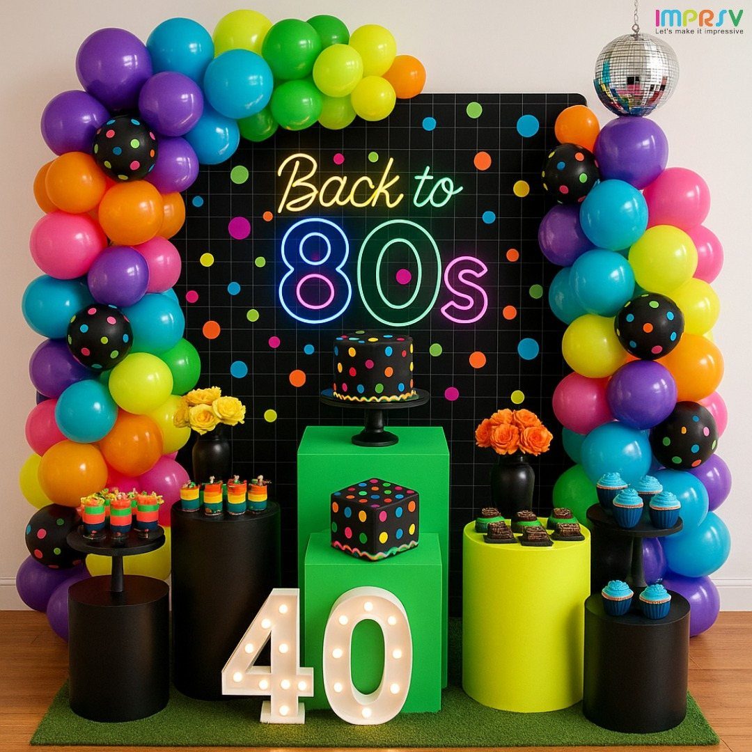 Neon 80s themed dessert table with colorful balloon arches and a large number 40.