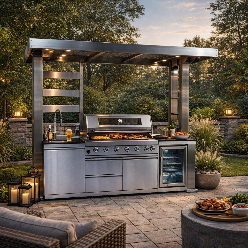 Stainless steel outdoor kitchen with a grill cooking food on a stone patio at dusk.