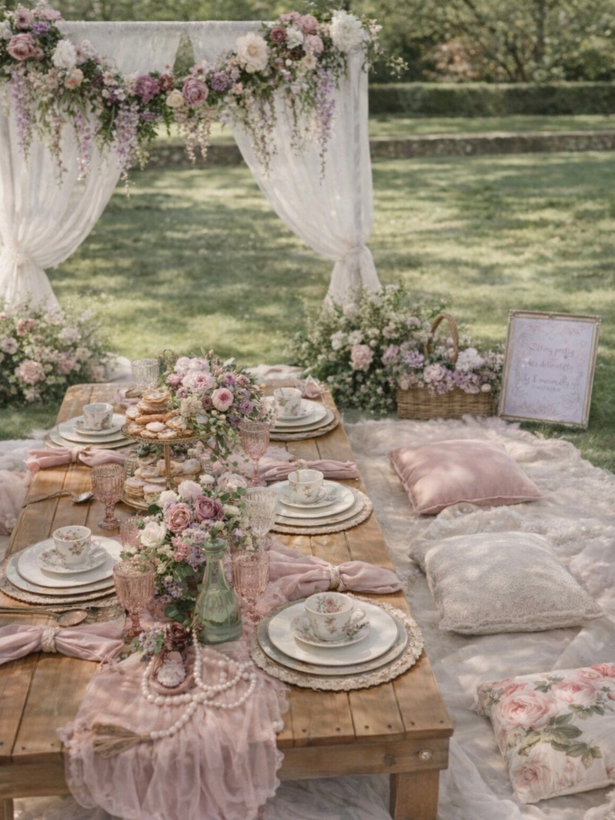 An elegant outdoor tea party setup with pink flowers, fine china, and cushions on a lawn.