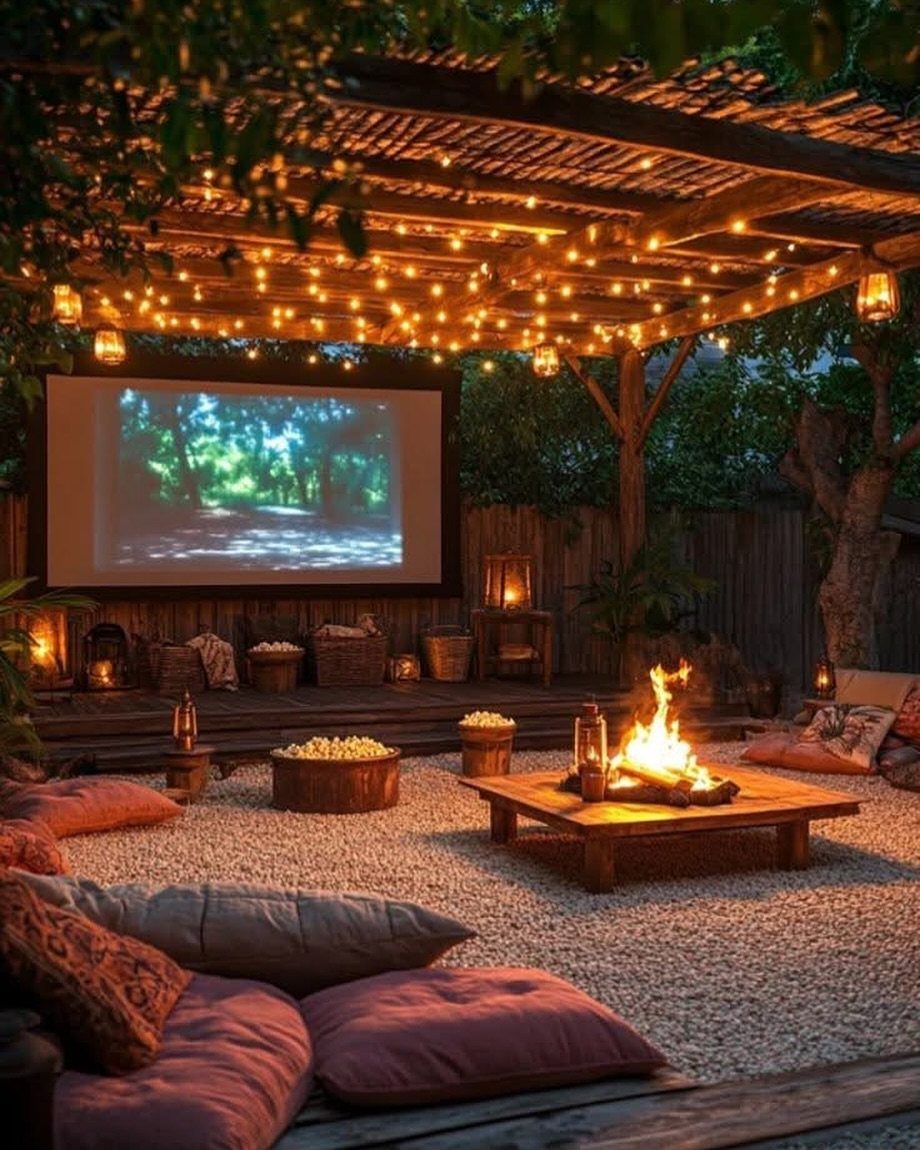 Outdoor movie setup with a projector screen, string lights, and cozy floor cushions around a fire pit.