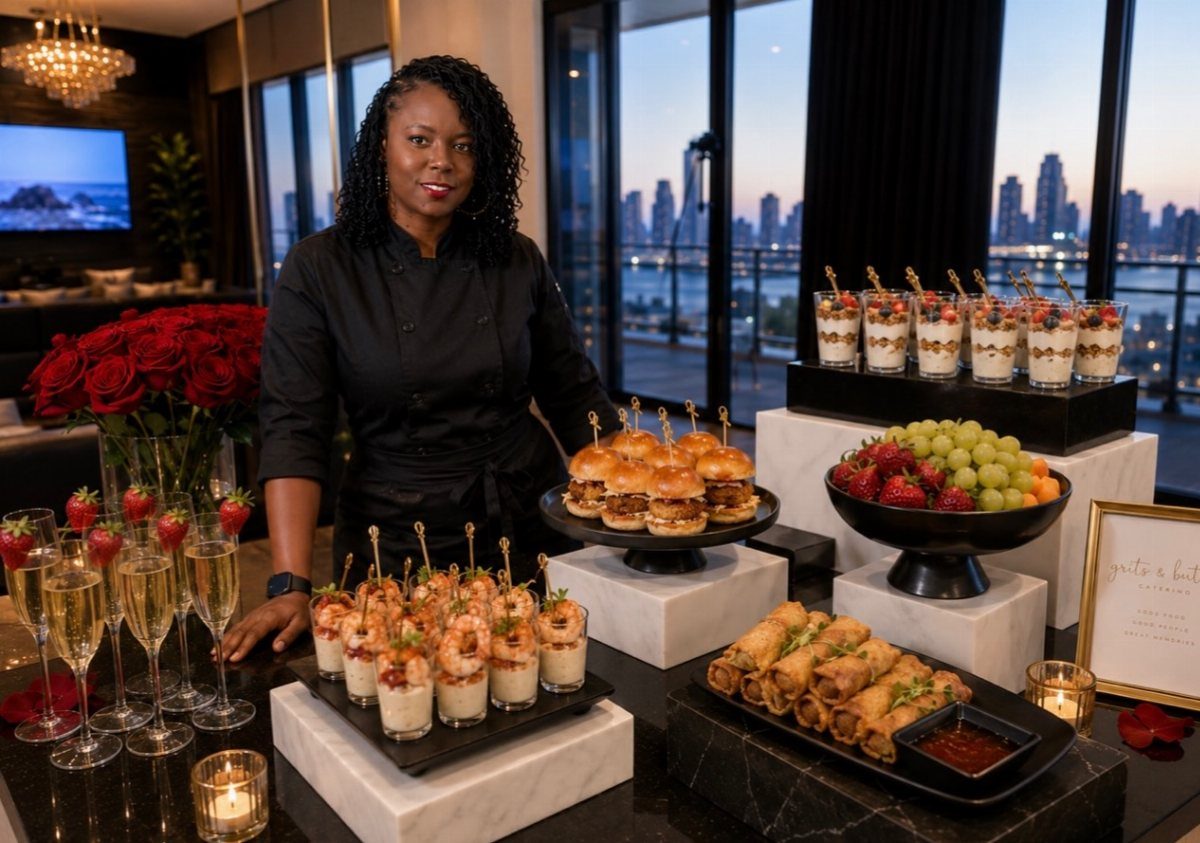A chef stands behind a catering spread of appetizers with a city skyline in the background.