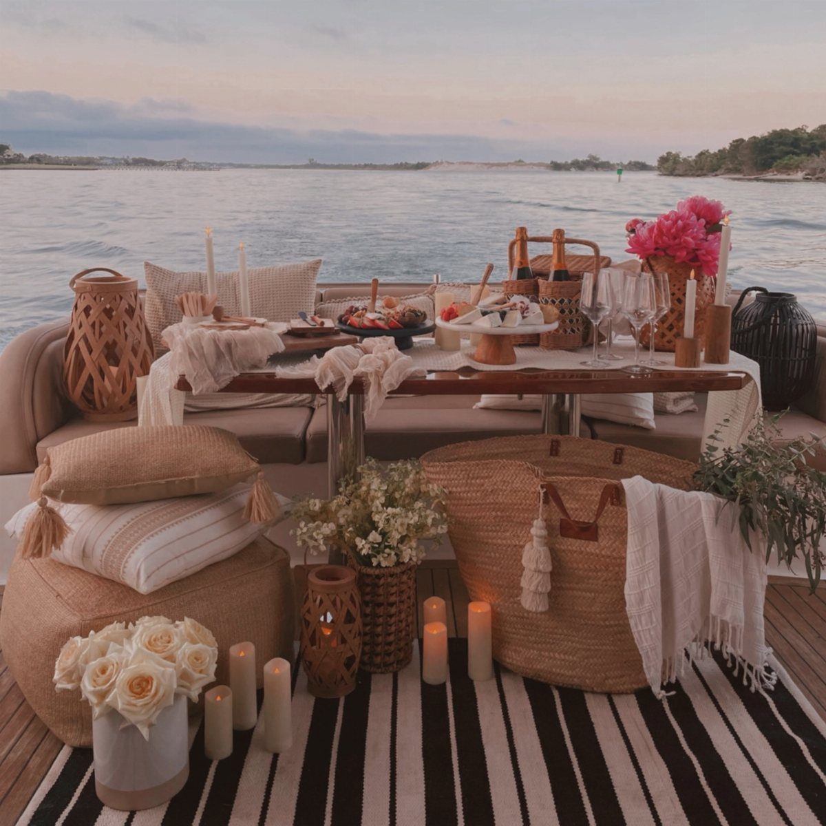 An elegant outdoor table setting with candles and flowers overlooking the ocean at sunset.
