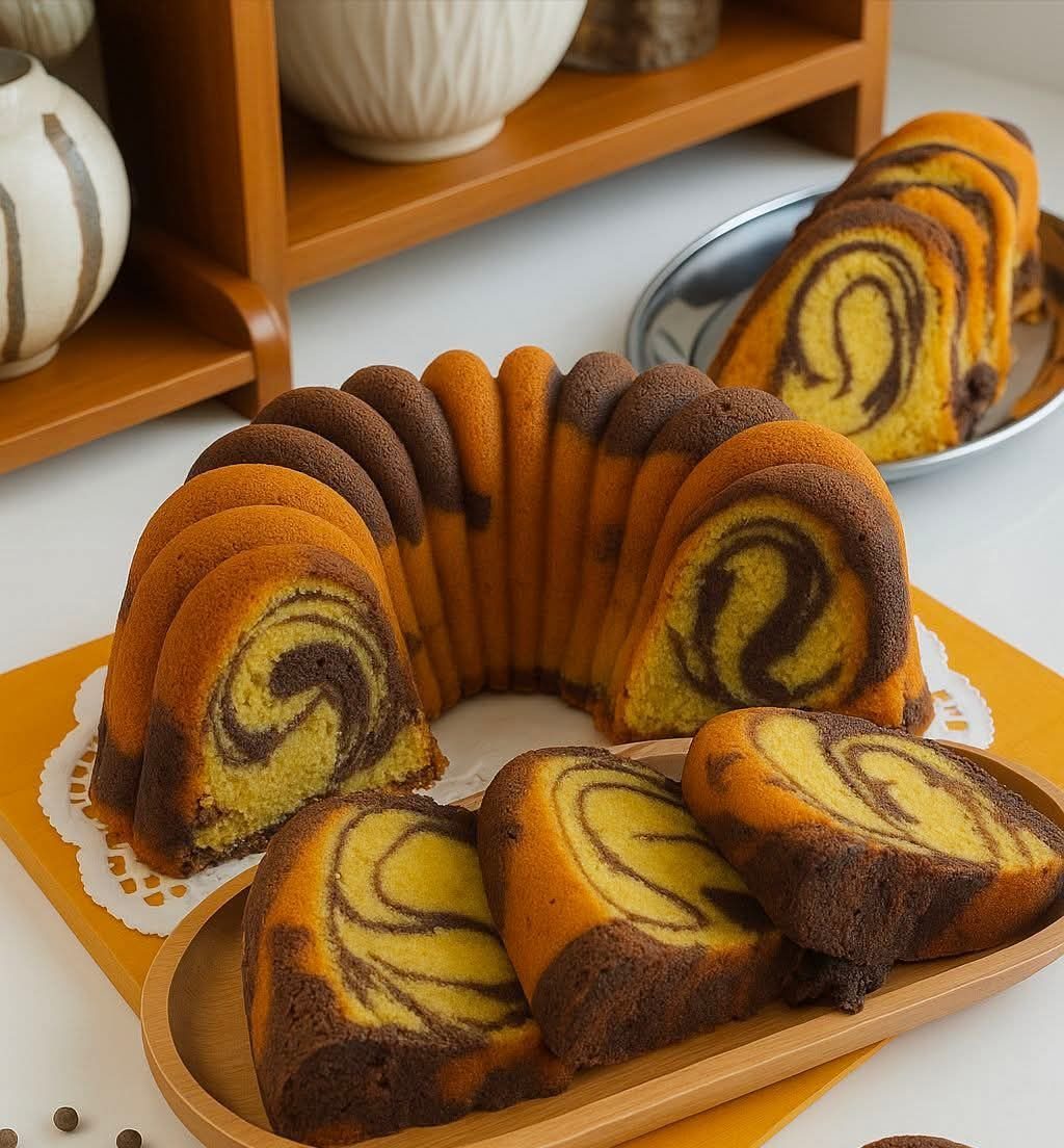 Sliced marble bundt cake with chocolate and vanilla swirls on a wooden tray.