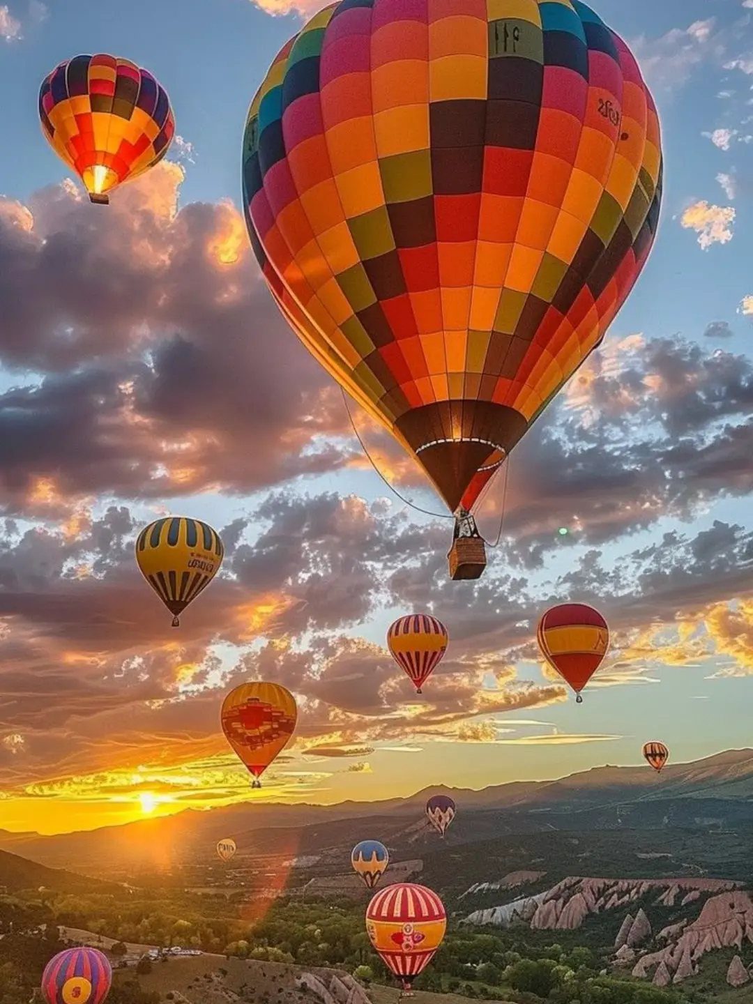 Colorful hot air balloons floating over a scenic valley during a vibrant sunset.