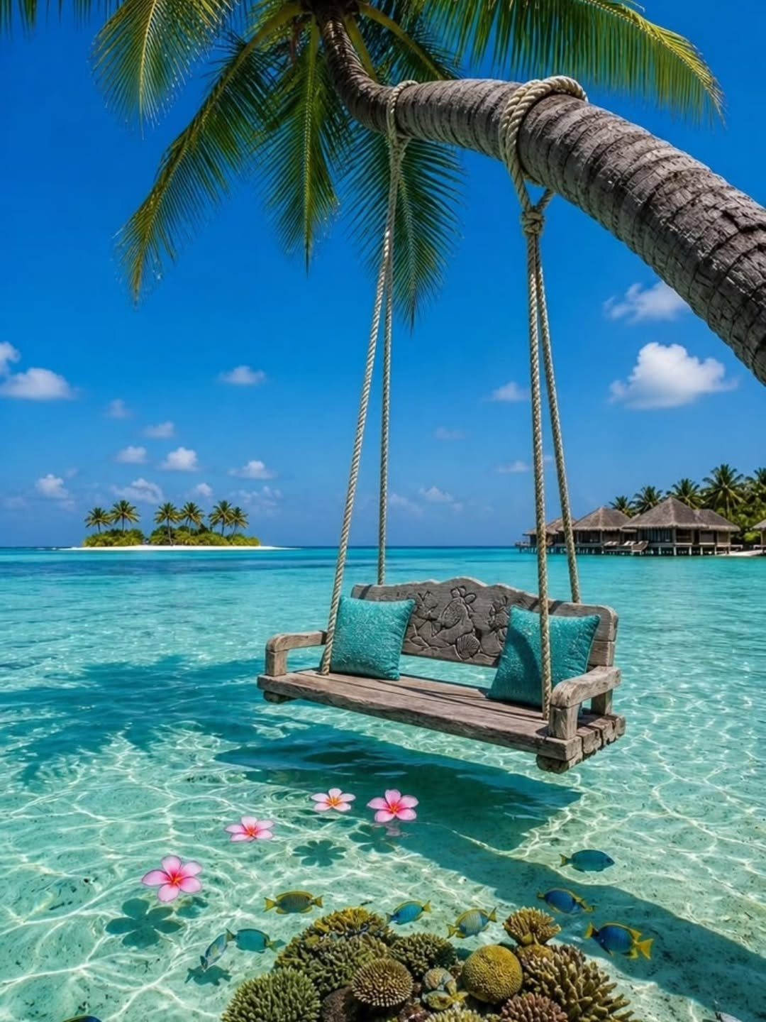 A wooden bench swing hanging from a palm tree over clear tropical ocean water.