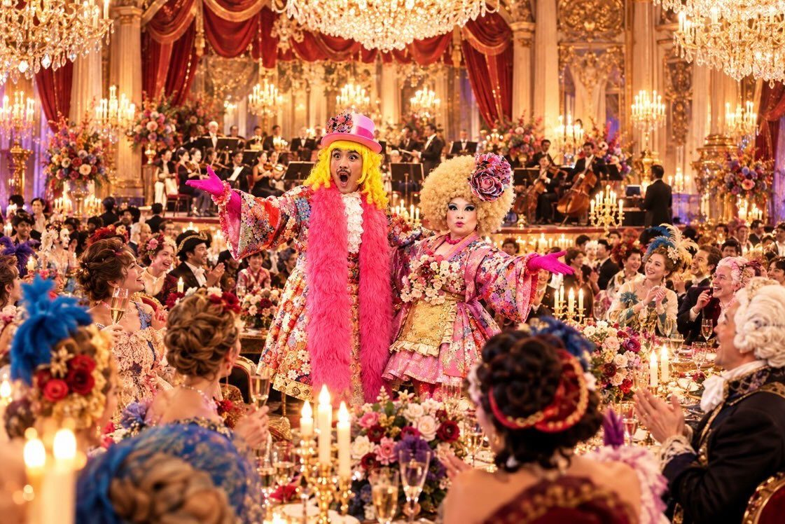 Performers in flamboyant costumes entertain guests seated at a lavishly decorated banquet table.