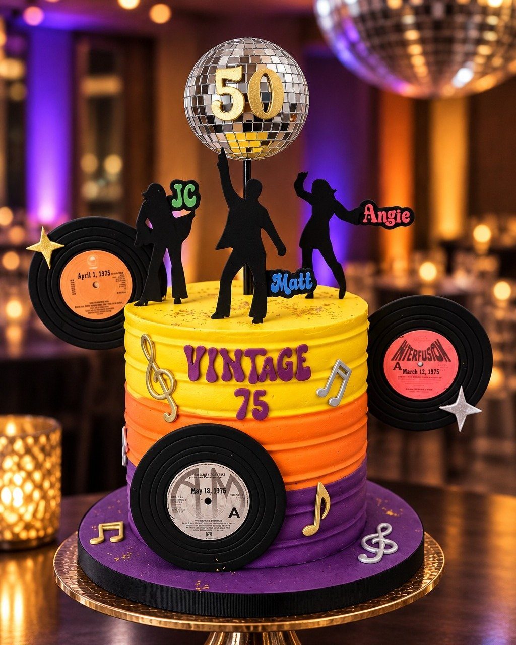 A vibrant disco themed cake with vinyl records, musical notes, and a disco ball topper.
