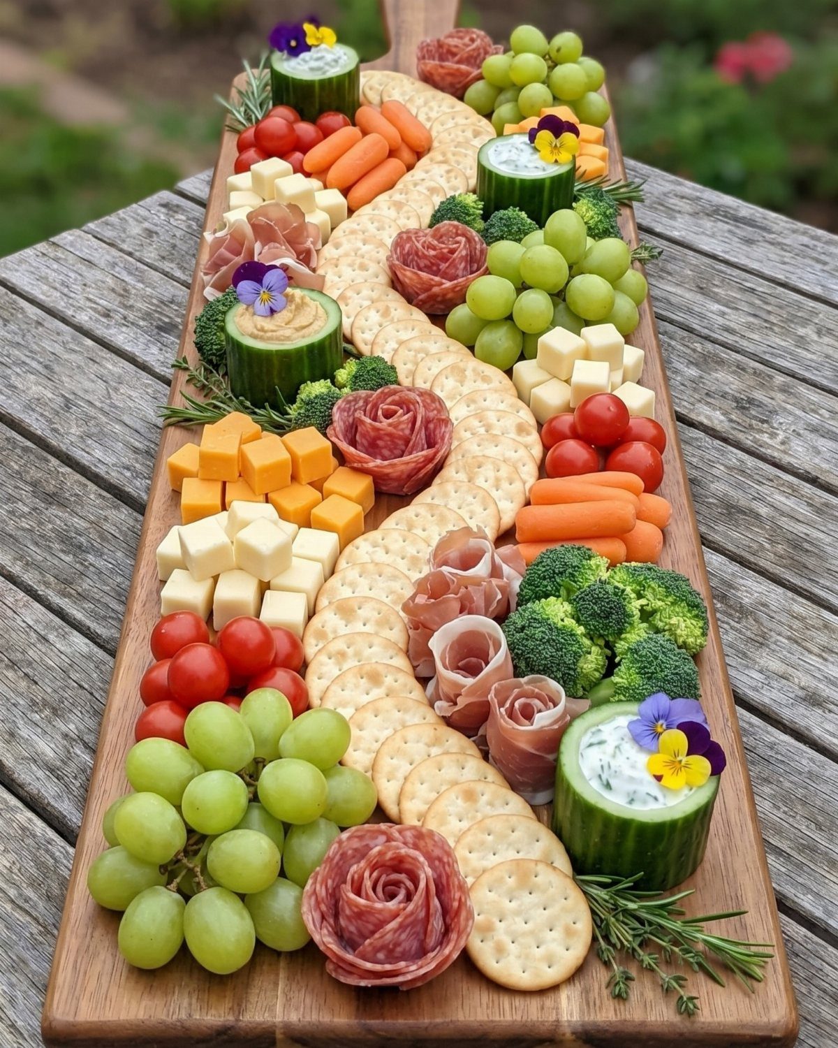 A long wooden board overflowing with grapes, cheese, meats, vegetables, and crackers.